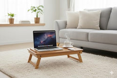 INTRAHAUS Wooden Extra Large Multi Tasking Height Adjustable Foldable Laptop Table Portable Study Writing Desk for Bed Sofa Home Office Use Walnut Color Wide Surface Design