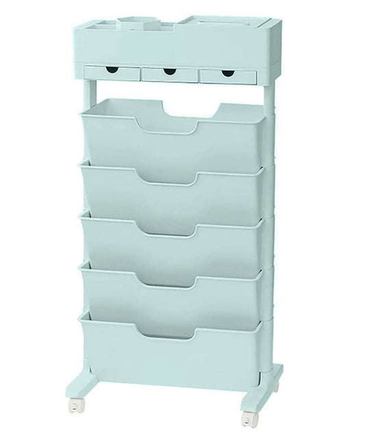 SYGA Removable Multifunctional Book Storage Rack Shelf Living Room Layered Plastic Magrack 3drawers with Wheels (Blue)