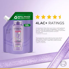 L'Oreal Paris Hyaluron Moisture Shampoo Refill - Hyaluronic Acid, 500ml | 500ml refill for dry, dehydrated hair. Provides 72 hours hydration, leaving hair soft, shiny, & bouncy. Ideal for daily wash.