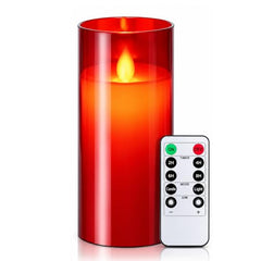 Flameless LED Pillar Candle Set of 2 | Acrylic Fiber Glass | Dancing Faux Wick | Remote Control with Battery Operated 3 AA | Home Décor & Gifting | 3" D x 6" H | Red