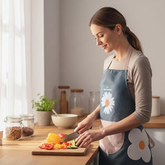 MOMISY Waterproof Kitchen Apron, Cooking Apron with Large Front Pocket, Daisy Print Design (Blue)
