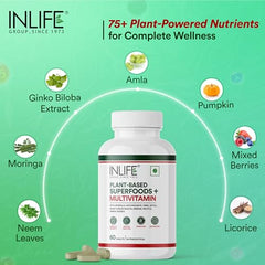 INLIFE Plant Based Multivitamin Supplement, B12 D3 Superfoods, 60 Tablets