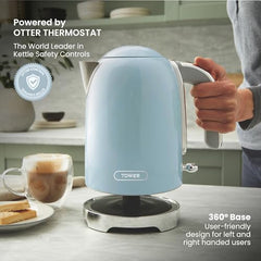 Tower Electric Kettle 1.7L Metal Body Auto Shut-Off 360° Base Blue | 1.7L capacity, 1350W rapid boil, full metal body, auto shut-off and boil-dry protection, 360-degree swivel power base