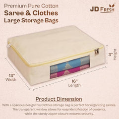 JD FRESH 3 Pcs Cotton Saree Covers/Storage Bags with Zip Cover/Space Saving Bag with Transparent Window/Wardrobe & Cupboard Organizer for Clothes/Bedsheets/Lehengas (16 x 13 x 3 Inch/Off White)