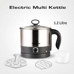 FRESHOME Electric Multipurpose Kettle 1.2L, 600W, with Stainless Steel Body, Egg Rack, Grill Rack, 3 Heating Modes & Rapid Boil Technology, Boiling Water, Tea, Coffee, Oats, Noodle, Soup (Silver)
