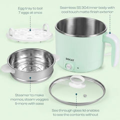 DOCAT Multipurpose Cook Kettle with Steamer, 1.2L Steel Pot (650W) | Stainless Steel Inner Pot, Adjustable Power Electric Cooker for Cooking, Boiling, Tea, Coffee, Noodles & Eggs