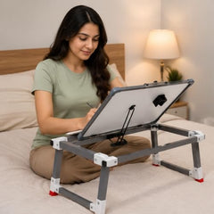Foldable Adjustable Laptop Study Table | Portable Multipurpose Desk with Clipboard | Engineered Wood Top & Metal Frame | Suitable for Study, Reading, Writing & Laptop Use, White