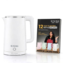 Tesora 1.8L Electric Kettle, 1500W,Stainless Steel Interior, 12 Recipe Book | Electric Water Boiler, Tea Maker, 1500W Fast Boiling, Cool-Touch Body, 360° Base, Auto Shut-Off, Boil-Dry Protection