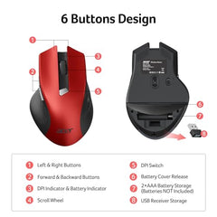 Acer Wireless Mouse for Computer, 6 Buttons 1600 DPI, Large Ergonomic Mouse