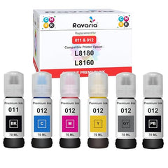 Ravaria 011 & 012 Compatible Refill Ink for Epson L8180 / L8160 Printer Compatible Ink Bottle for Epson 011/012 Ink Code (70 ml x C/M/Y/BK/PB/GY) Ink Bottle (011/012 Ink Set (6 Color))