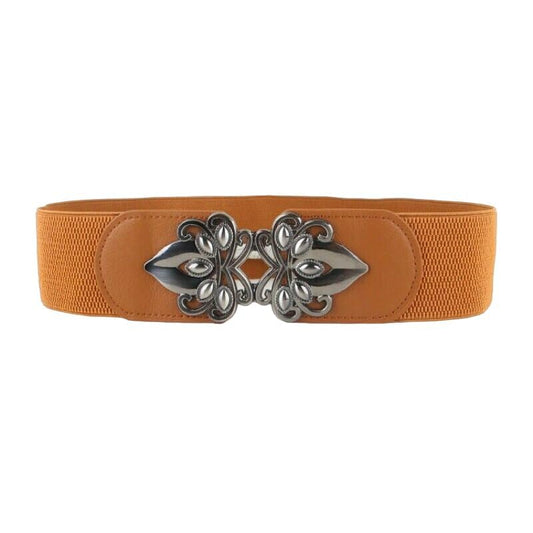 SYGA Women Cinch Belt, PU Leather Stretchy Waist Belt with Emblem Metal Buckle, Retro Style - Camel((Fits Waist Size 25-35)