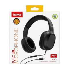 Hama Fun C USB-C Wired On-Ear Headphones with Microphone | 40mm Drivers, In-Line Remote, Adjustable Headband, Stereo Sound for Smartphones, Calls & Music, Black 5 Years Warranty