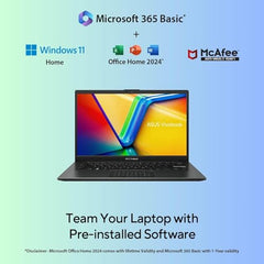 ASUS Vivobook Go 14, AMD Ryzen 5 7520U, 16GB RAM, 512GB SSD, FHD 14", Windows 11, Office Home 2024, M365 Basic (1Year)*, Black, 1.38kg, E1404FA-EB2542WS, AMD Radeon iGPU, 42WHrs, Thin & Light Laptop