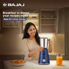 Bajaj GX-1 Mixer Grinder 500W | Superior Mixie For Kitchen | 2-In-1 For Dry Grinding | Blade Function With Titan Motor | 3 Stainless Steel Mixer Jars | 1 Year Product Warranty By Bajaj 【Blue】