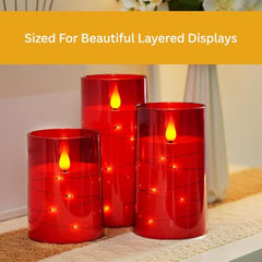 Flameless LED Pillar Candle Set of 2 | Acrylic Fiber Glass | Dancing Faux Wick | Remote Control with Battery Operated 3 AA | Home Décor & Gifting | 3" D x 6" H | Red