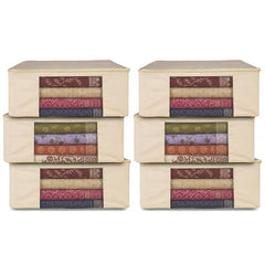 JD FRESH 3 Pcs Cotton Saree Covers/Storage Bags with Zip Cover/Space Saving Bag with Transparent Window/Wardrobe & Cupboard Organizer for Clothes/Bedsheets/Lehengas (16 x 13 x 3 Inch/Off White)