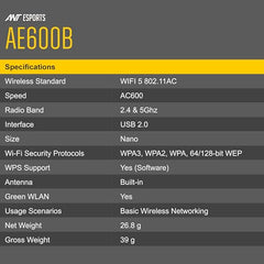 Ant Esports AE600B 600 Mbps Wi-Fi + Bluetooth USB 2.0 Mini Dongle for Desktop Laptop PC I 2.4 & 5Ghz I WiFi 5 802.11AC
