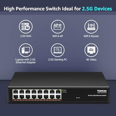 YuanLey 18 Port 2.5G PoE Switch Unmanaged, 16 x 2.5G Base-T PoE Ports, 2 x 10G RJ45 UpLink, IEEE802.3af/at, 250W, Compatible with 100/1000/2500Mbps, Metal Case, 2.5Gbe Network Switch