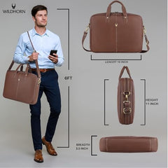 WildHorn Genuine Leather Office Bag for Men | 15.6-Inch Laptop Bag with a Minimalist Design | Professional Leather Bag with Adjustable Straps & Multiple Compartments | 1-Year Warranty