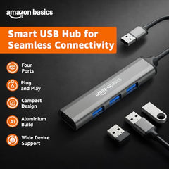 Amazon Basics 4-in-1 Hub Multiport Adapter, USB Hub with Aluminium Shell, 1 x USB 3.0 & 3 x USB 2.0 for PC, MacBook, Mac mini, iMac, Tablet, and Mobile Phones