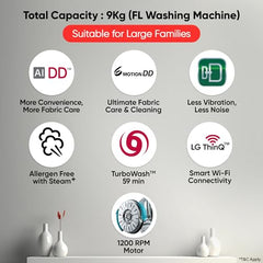 LG 9 Kg, 5 Star, AI Direct Drive Technology, Wi-Fi, Steam+ with Wrinkle Care, Fully Automatic Front-Loading Washing Machine (FHP1209Z7P, Intelligent & Convenient Fabric Care, Allergy Care, Platinum)
