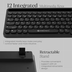 Zebronics Keypad X3 Wireless Keyboard, 102 Keys, 12 Multimedia Keys, 2.4GHz + BT, UV Coated Keycaps, Mobile & Tablet Holder, ₹ Rupee Key, Retractable Stand, USB Nano Receiver (Midnight Black)