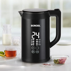 Borosil 1.5 L Cooltouch 1350W Digital Electric Kettle, Black | Temperature display, Keep warm function, Double wall, Wide mouth, For tea, noodles, soup & boiled eggs, Versatile use