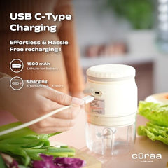 CΓRAA Chopper Electric for Kitchen | ChopLab Neo USB Vegetable Chopper for Kitchen Use by Chef Sanjyot Keer | Rechargeable Chopper with Stainless Steel Blades, 250ml, Beige