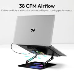 Zebronics NS5500 Rotatable Laptop Cooling Stand, Up to 17-Inch, 360° Rotation, Metal Body, USB Powered Cooling, LED Lights, 3 USB, 2 Type-C Ports, Multi-Angle, Foldable, 5kg Capacity,Anti Rust (Black)