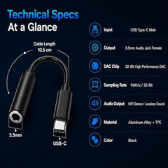 Type C to 3.5mm Audio Jack Connector with DAC Headphone Converter Adapter Compatible with iPhone 15 Pro Max/15Pro/15Plus Series/Galaxy/OnePlus/Google/Nothing & Other Type C Phones, Warranty