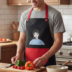 MOMISY Waterproof Kitchen Apron, Cooking Apron with Large Front Pocket, Cute Girl Print Design (Black Red)