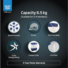 Voltas Beko, A Tata Product 6.5 Kg 5 Star Semi-Automatic Top Loading Washing Machine (WTT65UNX/OK3I0I0W01, Blue, Pulsator wash technology)