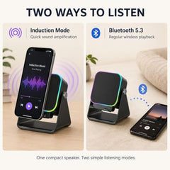 Mobile Induction Speaker with Bluetooth 5.3, Wireless Phone Sound Amplifier & 360° Adjustable Stand, RGB Light, Emergency Charging, Rechargeable Speaker for iPhone, Android & Tablets