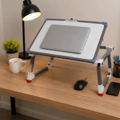 Foldable Adjustable Laptop Study Table | Portable Multipurpose Desk with Clipboard | Engineered Wood Top & Metal Frame | Suitable for Study, Reading, Writing & Laptop Use, White