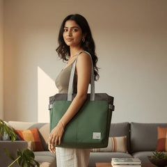 DailyObjects Recycled PET Dual Color Key Tote Bag For Women & Girls | Stylish Ladies Purse for Everyday Essentials | Fits any Laptop Upto 15.6 Inch | Padded Laptop Compartment - (Charcoal-Kelp)