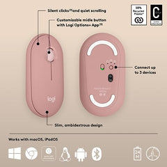 Logitech Pebble Mouse 2 M350s Slim Bluetooth Wireless Mouse, Portable, Lightweight, Customisable Button, 4000 DPI, Quiet Clicks, Easy-Switch for Windows, macOS, iPadOS, Android - Tonal Graphite