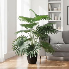 GARDEN GYANI Artificial Areca Palm Plant with Black Pot – 145 cm Tall Faux Tropical Decorative Plant with 35 Leaves for Home, Office & Living Room Décor