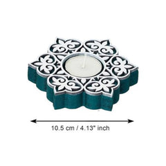 eCraftIndia Wooden Floral Printing Block Decorative Tea Light Candle Holders (Set of 12, Green White) Diwali Christmas Decorations Items for Home Office Christmas Gifts for Women Men Family Friend