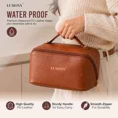 LUMONY® Makeup Pouch Bag Leather Large Capacity Travel Toiletries Organizer Cosmetic Bag with Handle and Divider Multifunctional Makeup Bag for Easy Access Waterproof (Brown)