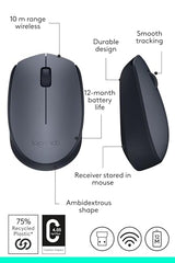 Logitech M170 Wireless Mouse, 2.4 GHz with USB Mini Receiver, Optical Tracking, 12-Months Battery Life, Ambidextrous PC / Mac / Laptop - Grey/Black