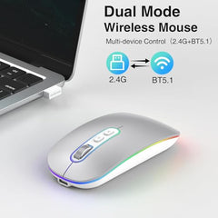 cimetech Wireless Bluetooth Mouse, Slim Rechargeable Mac Mouse, Computer Mice with Dual Mode (Bluetooth 5.1 and 2.4G), Compatible with iPad, Laptop, Mac, Windows (Silver)