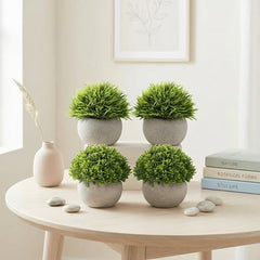 Dekorly® 4 Packs Artificial Potted Plants Bathroom Fake Shelf Plant Office Table Decor Mini Green Faux Topiary Kitchen Cabinet Farmhouse Decorations (4 Plastic Pots)