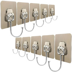 JIALTO Adhesive Hooks, Heavy Duty 5 kg Wall Hooks, Nail-Free Reusable Stainless Steel Sticky Hangers for Multipurpose Kitchen, Bathroom & Home (10 Pcs)