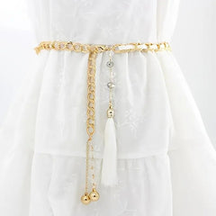 SYGA Women's Metal Belt Waist Chain Versatile Tassel Waist Pendant Women's Fashion Dress Decorative Belt(White)