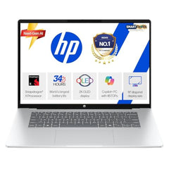 HP Smartchoice Omnibook 5 OLED (Previously Pavilion), Snapdragon X Processor 45 Tops (16GB LPDDR5x,1TB SSD) 2K,16''/40.6cm, Win11, Office24, Silver, 1.59kg, fb0001QU, Multi-Day Battery AI Laptop