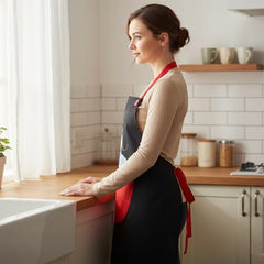 MOMISY Waterproof Kitchen Apron, Cooking Apron with Large Front Pocket, Cute Girl Print Design (Black Red)