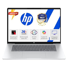 HP Smartchoice Omnibook 5 OLED (Previously Pavilion), Snapdragon X Processor 45 Tops (16GB LPDDR5x,1TB SSD) 2K,16''/40.6cm, Win11, Office24, Silver, 1.59kg, fb0001QU, Multi-Day Battery AI Laptop