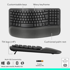 Logitech Wave Keys & Lift Vertical Mouse - Ergonomic Wireless Keyboard and Mouse Combo - with Cushioned Palm Rest, Easy-Switch, Bluetooth, for Multi-OS, Windows/Mac - Graphite
