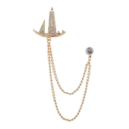 SYGA Men's & Women Suit Shirt Stud Lapel Pin Chain Tassel Brooch Pin with Crystal Chain(golden sail)