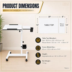 Isomars Multipurpose Laptop Table Study Desk, Lockable Wheels, & Height Adjustable for Breakfast Table, WFH & Online Classes Made in India (White)